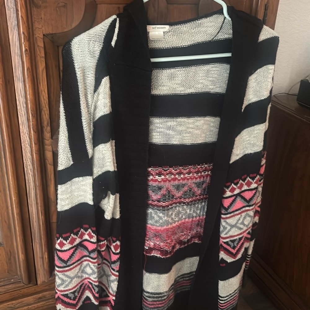 Striped open front sweater w/hood
